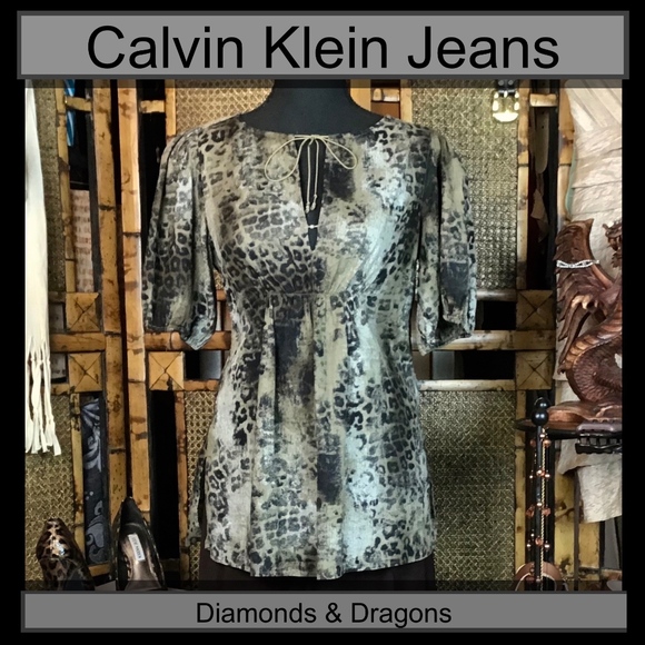 Calvin Klein Jeans Tops - Leopard Boho Peasant Puff Sleeve Keyhole Tie Soft!